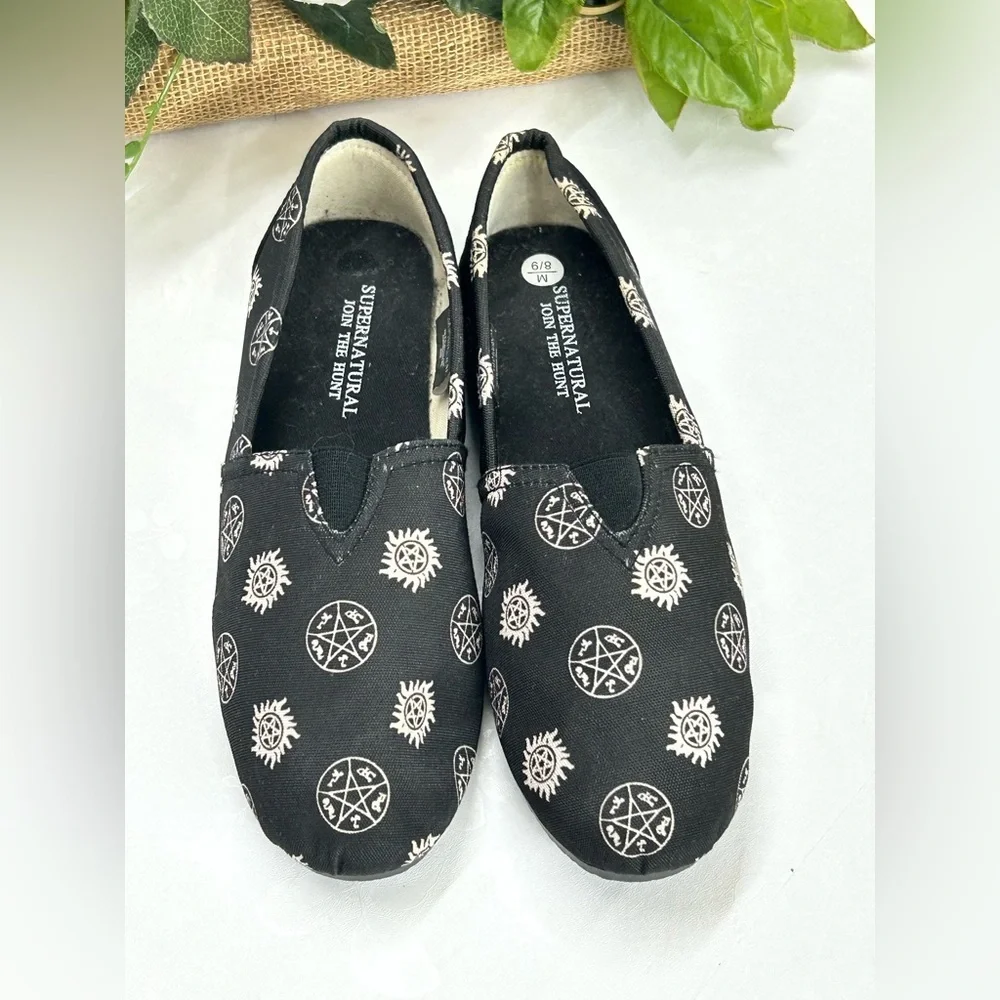 Black Slip-On Shoes with Supernatural Print